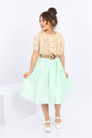 فستان شيفون بأزرار أمامية وحزام للفتيات