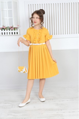 Плиссированное платье-мешок с поясом для девочки