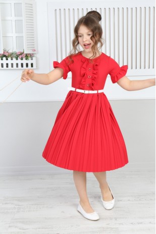 Плиссированное платье-мешок с поясом для девочки