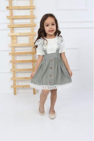 فستان باديني أخضر بحزام دانتيل للفتيات