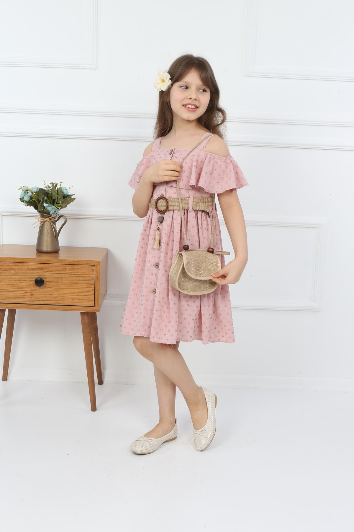 Girls Pink Bag Neck Button Dress with Bag