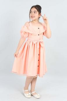 Kız Çocuk Pembe Ponponlu Krep Elbise