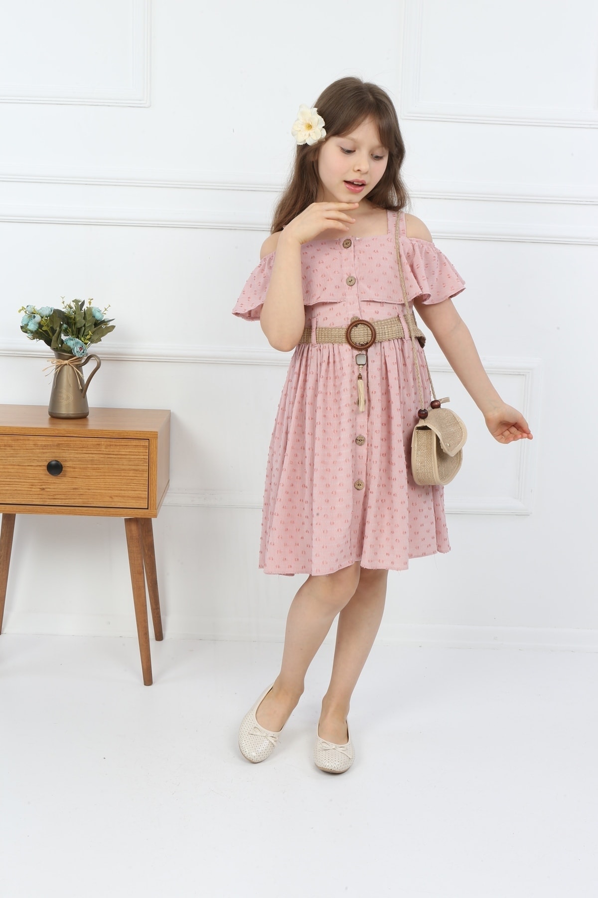 Girls Pink Bag Neck Button Dress with Bag
