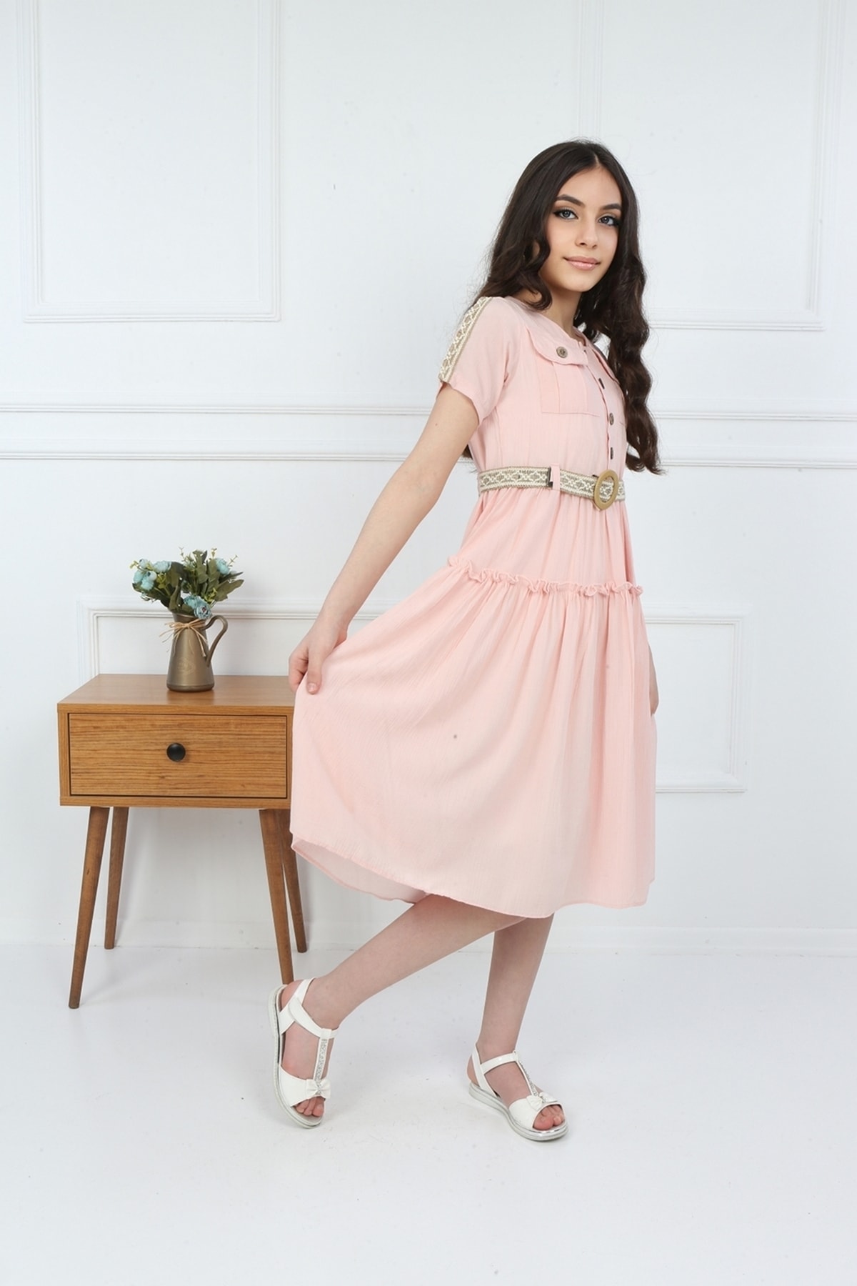 Girls Pink Pockets Buttoned Plain Dress
