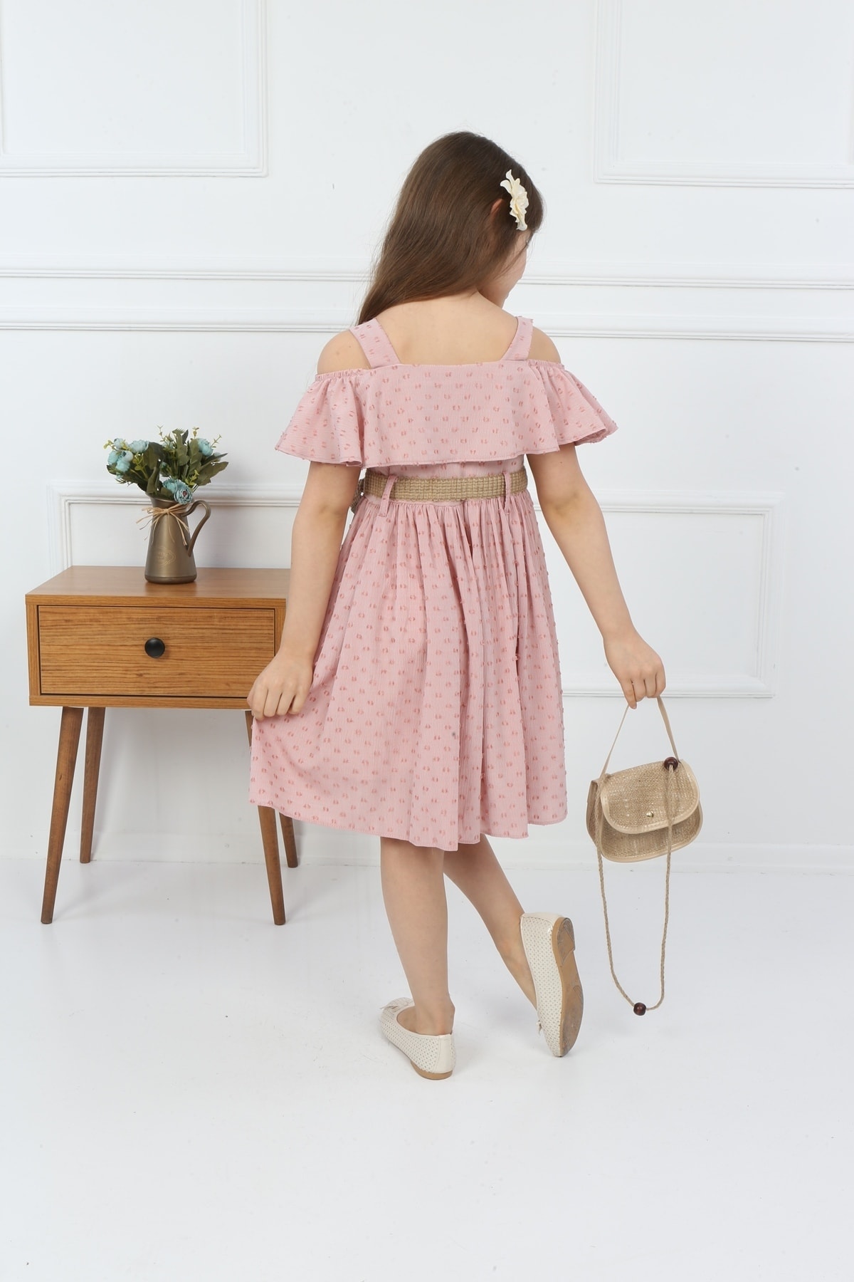 Girls Pink Bag Neck Button Dress with Bag