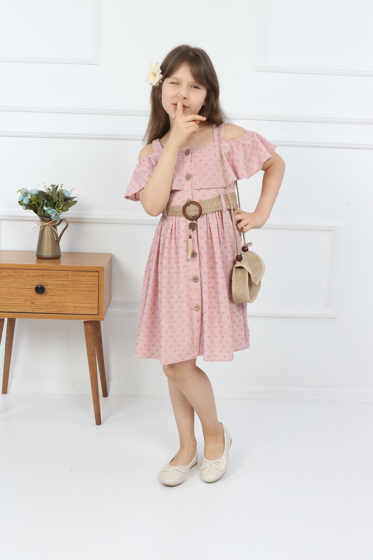 Girls Pink Bag Neck Button Dress with Bag