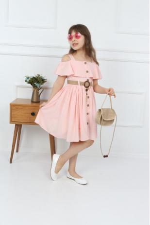 Детское розовое платье с лямкой на шее и пуговицами-мешком
