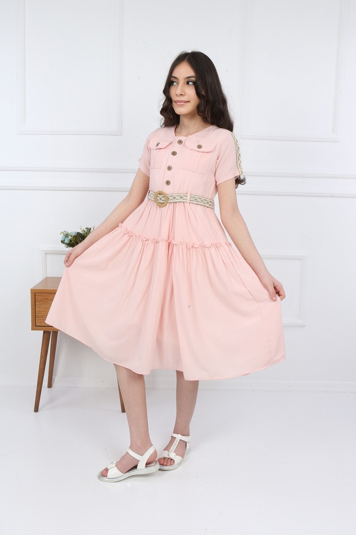Girls Pink Pockets Buttoned Plain Dress