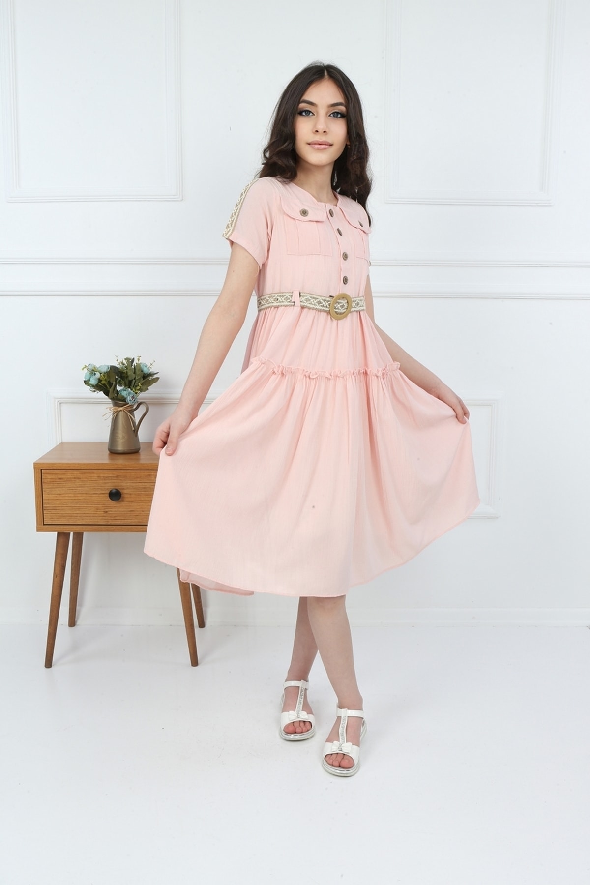 Girls Pink Pockets Buttoned Plain Dress