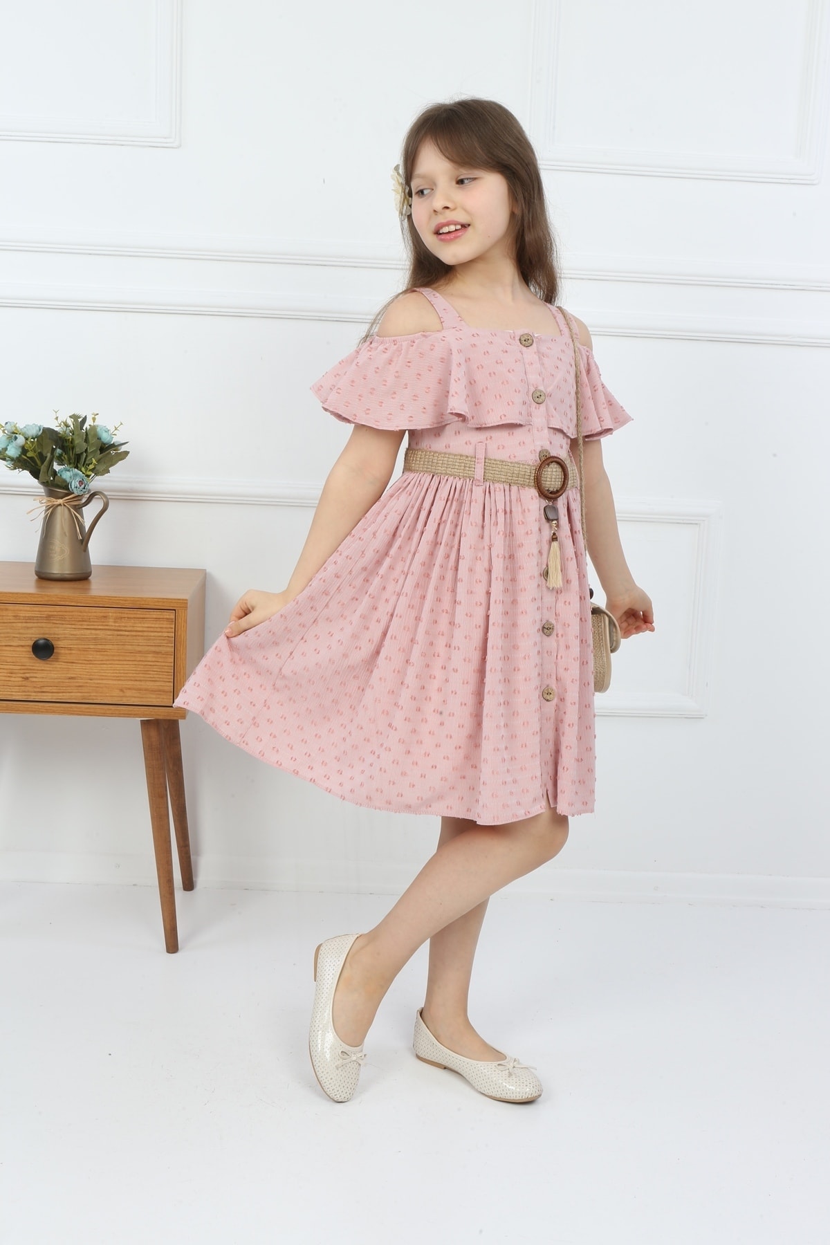 Girls Pink Bag Neck Button Dress with Bag