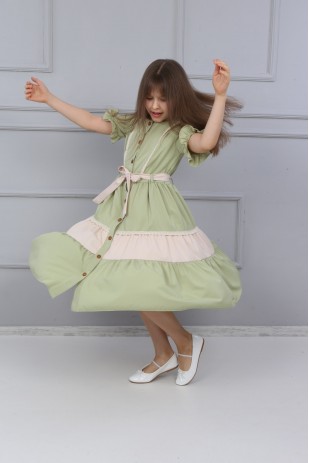 فستان بناتي أخضر بأزرار