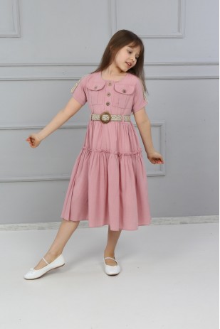 فستان بناتي بأزرار وجيب