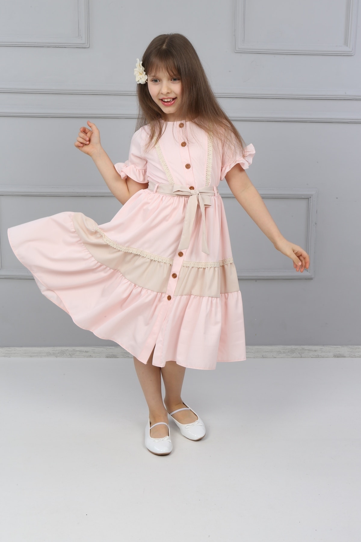 Girls Pink Full-length Buttoned Dress