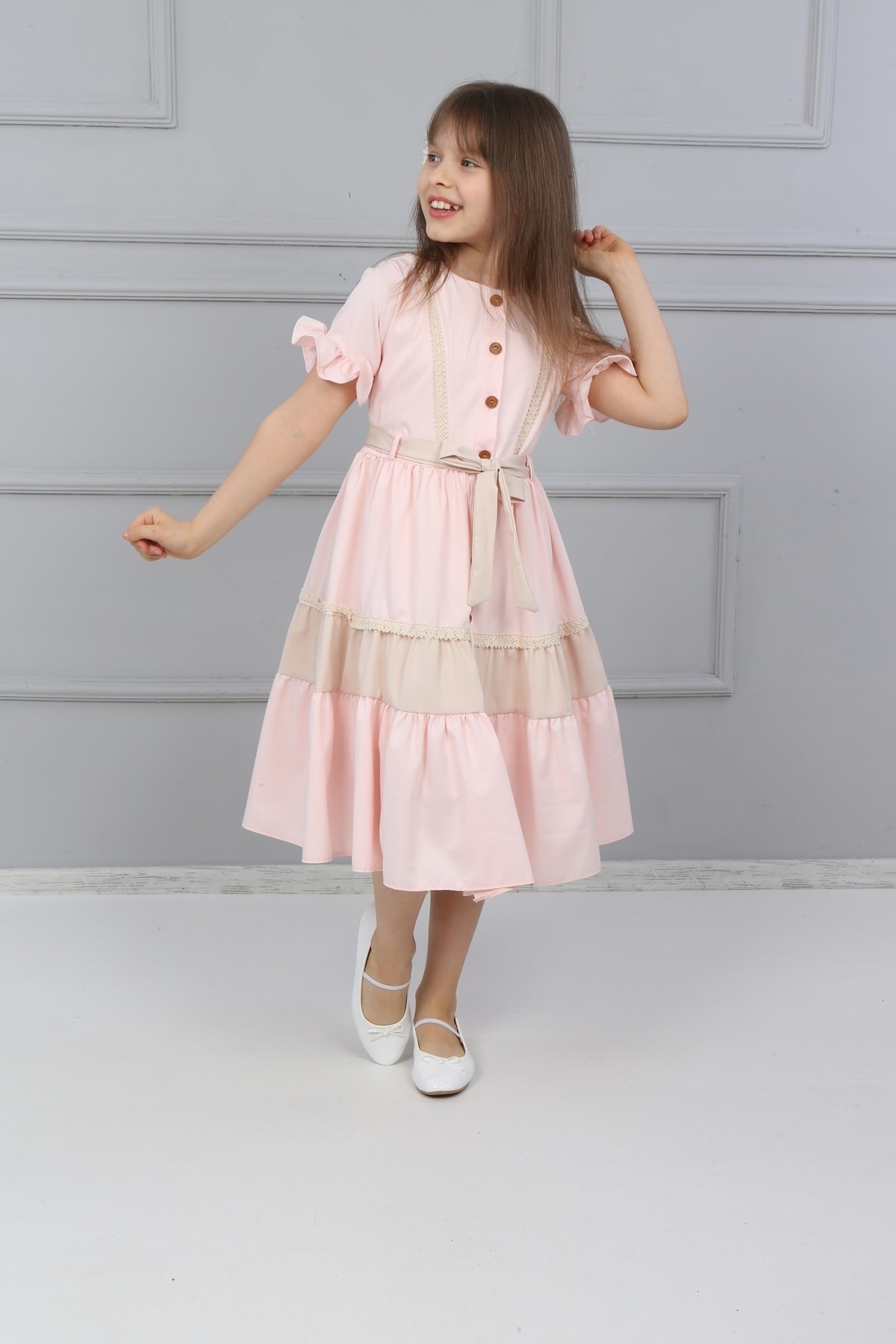 Girls Pink Full-length Buttoned Dress