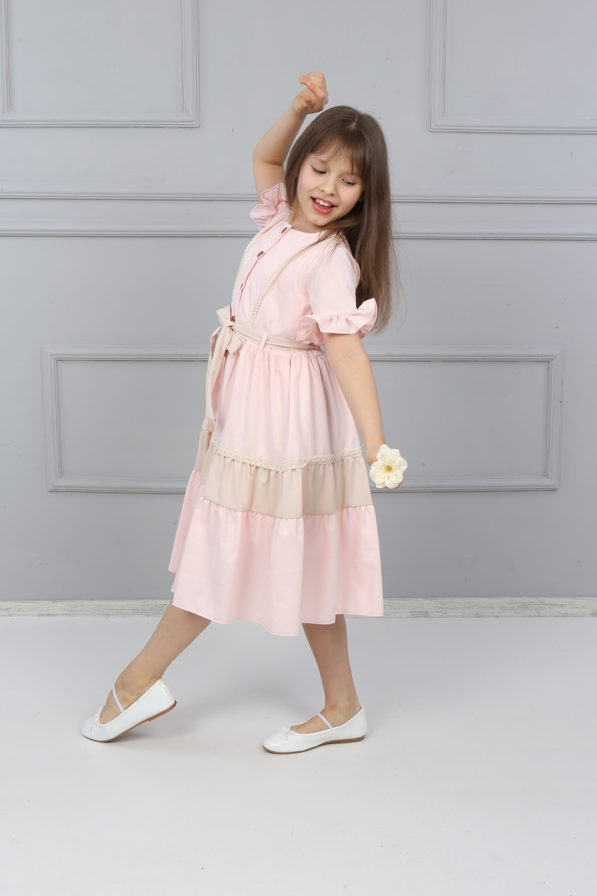Girls Pink Full-length Buttoned Dress