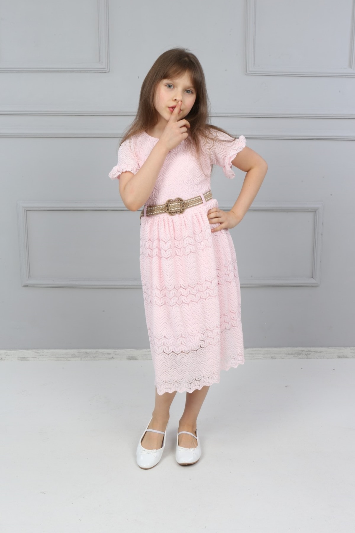 Girls Pink Belted Lace Dress