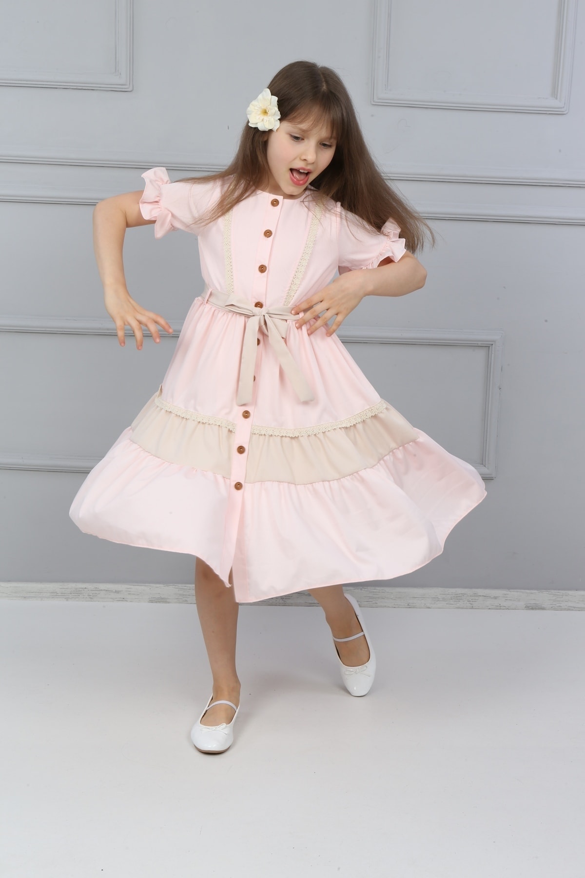Girls Pink Full-length Buttoned Dress