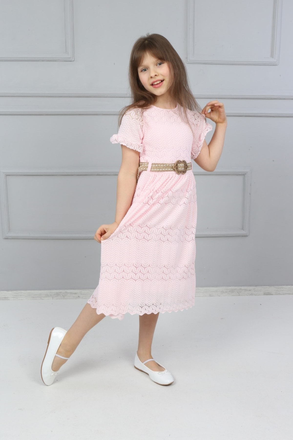 Girls Pink Belted Lace Dress