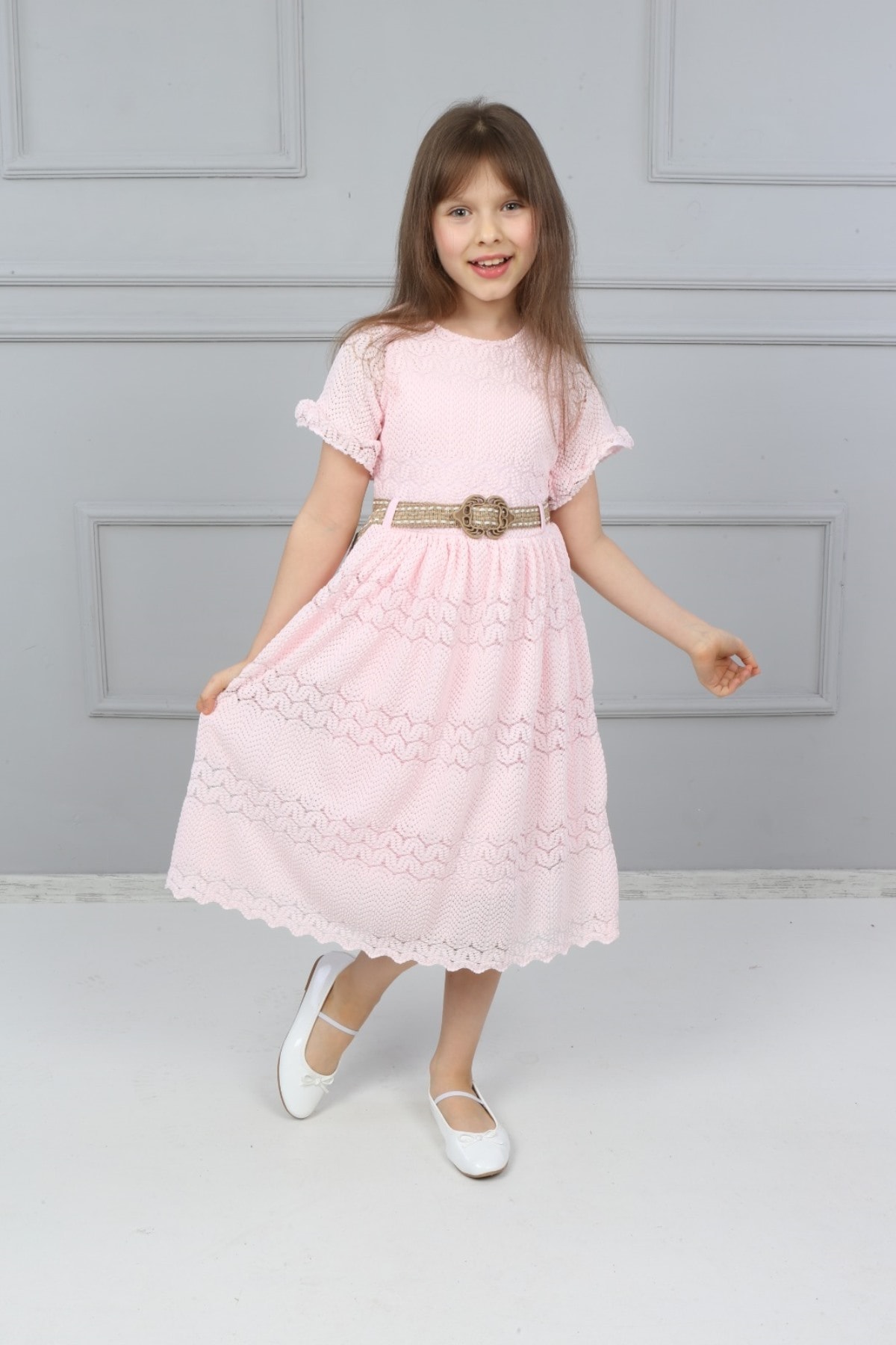 Girls Pink Belted Lace Dress