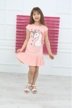 فستان بناتي بتنورة وردية بطيات