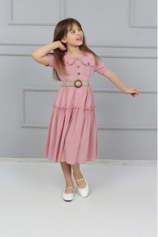 فستان عادي بأزرار وجيب للفتيات