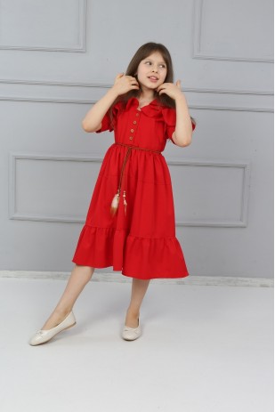 Rotes Mädchenkleid mit Vorderseite und Manschettenknöpfen