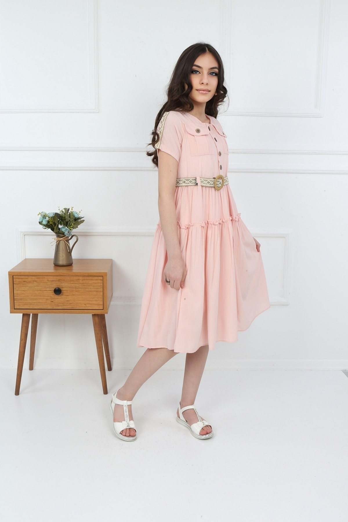 Girls Pink Pockets Buttoned Plain Dress