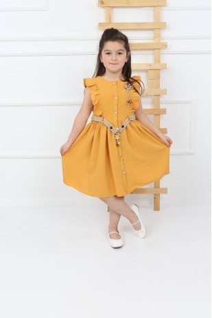 Gelbes Neckholder-Kleid mit Knöpfen für Mädchen