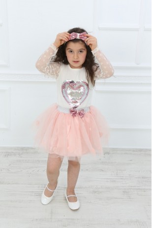 Пудровый костюм с юбкой и пайетками для девочки, повязка для волос, комплект с юбкой-футболкой