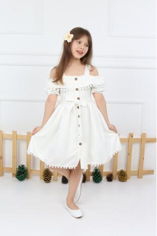 فستان كريب بومبوم أبيض بناتي