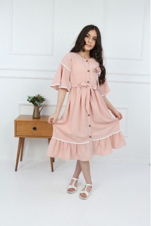 فستان دانتيل بتنورة بحزام وأزرار للفتيات