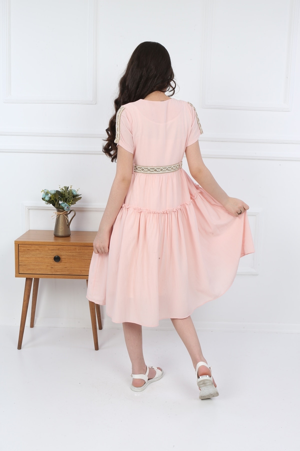 Girls Pink Pockets Buttoned Plain Dress