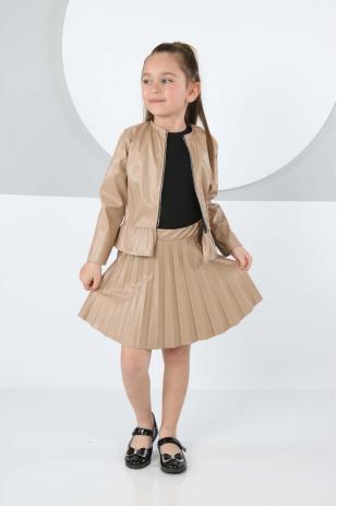 Deri Ceket Piliseli Deri Etek Fitilli Badi Üçlü Deri Takım