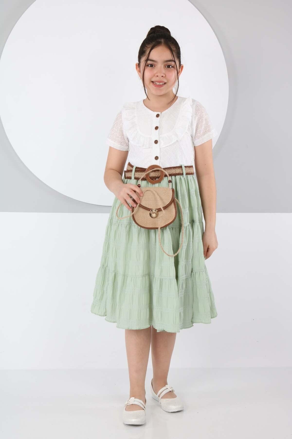 Belt Front Buttoned Double Color Dress with Bag