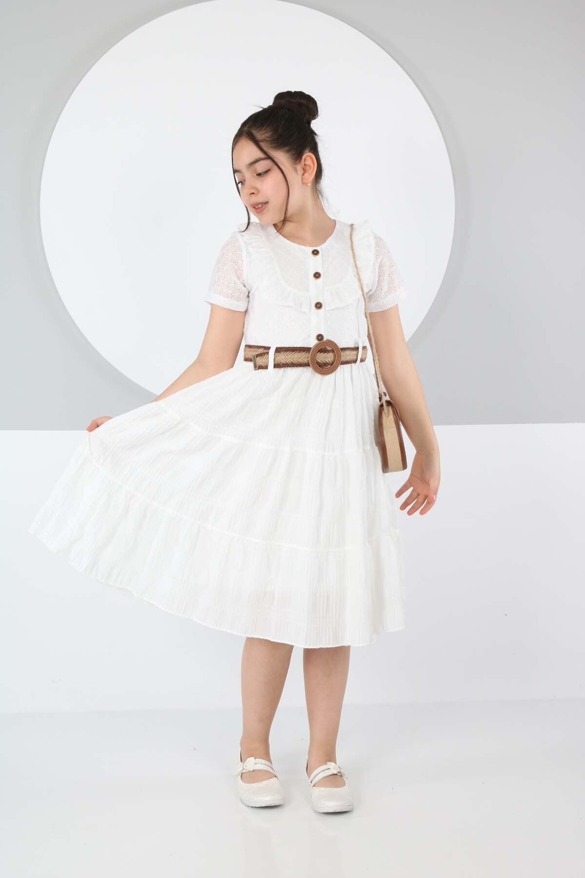 Belt Front Buttoned Double Color Dress with Bag