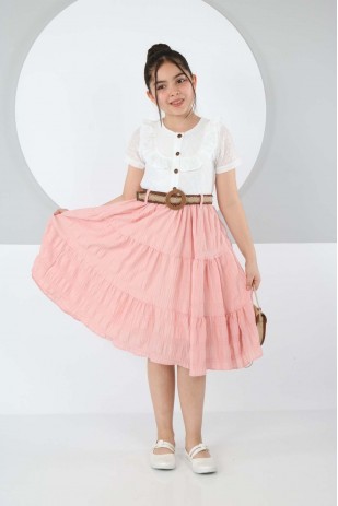 Zweifarbiges Kleid mit Taschengürtel und Knöpfen vorne