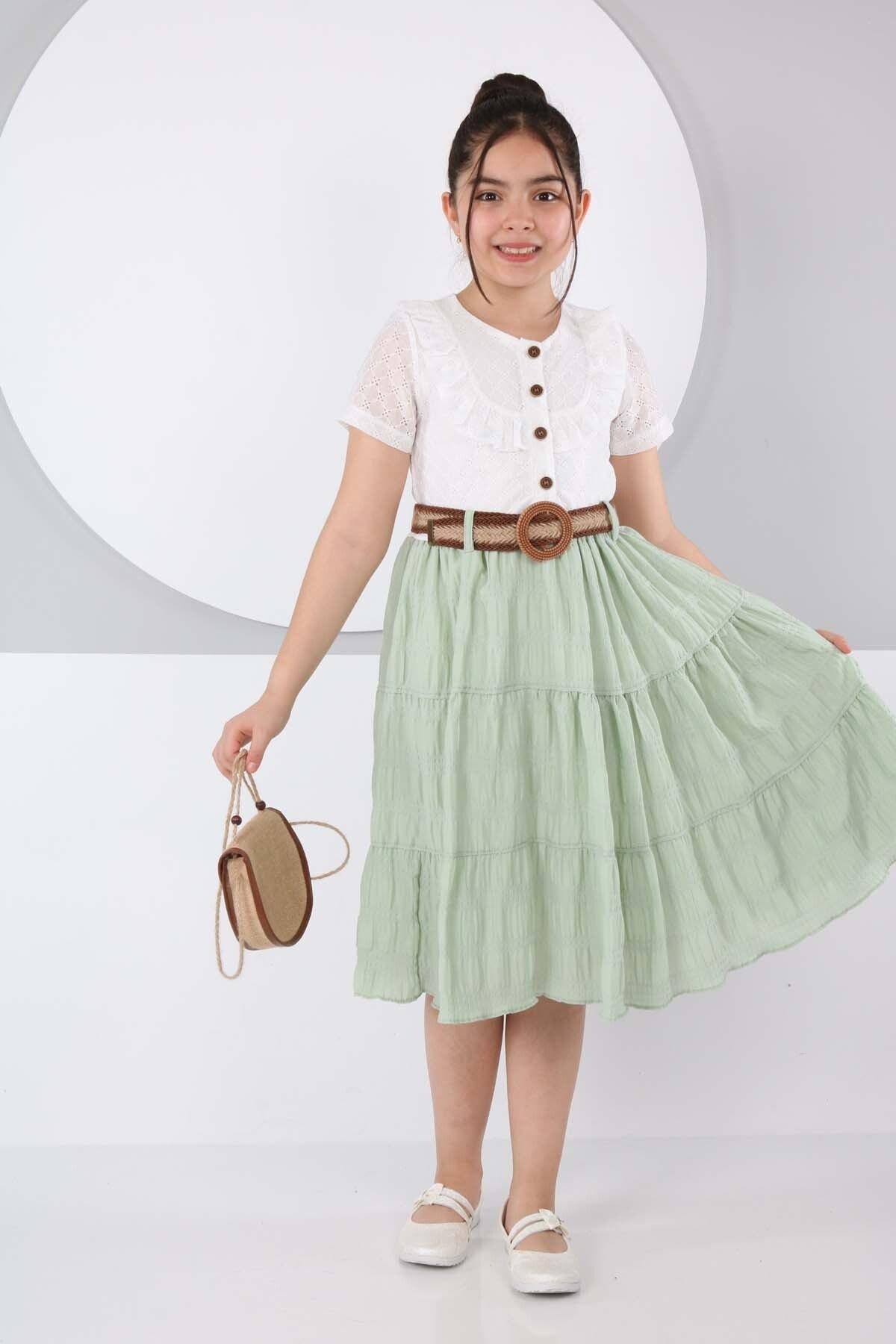 Belt Front Buttoned Double Color Dress with Bag