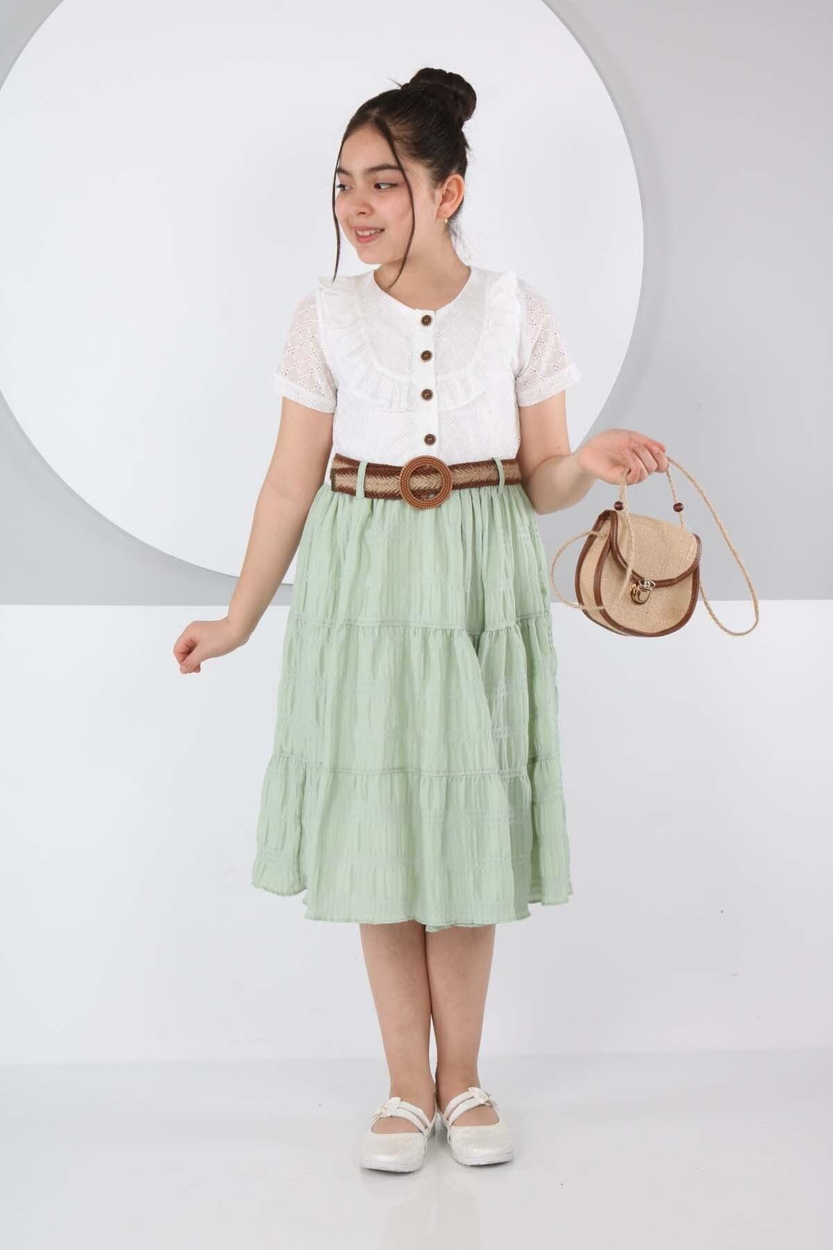 Belt Front Buttoned Double Color Dress with Bag