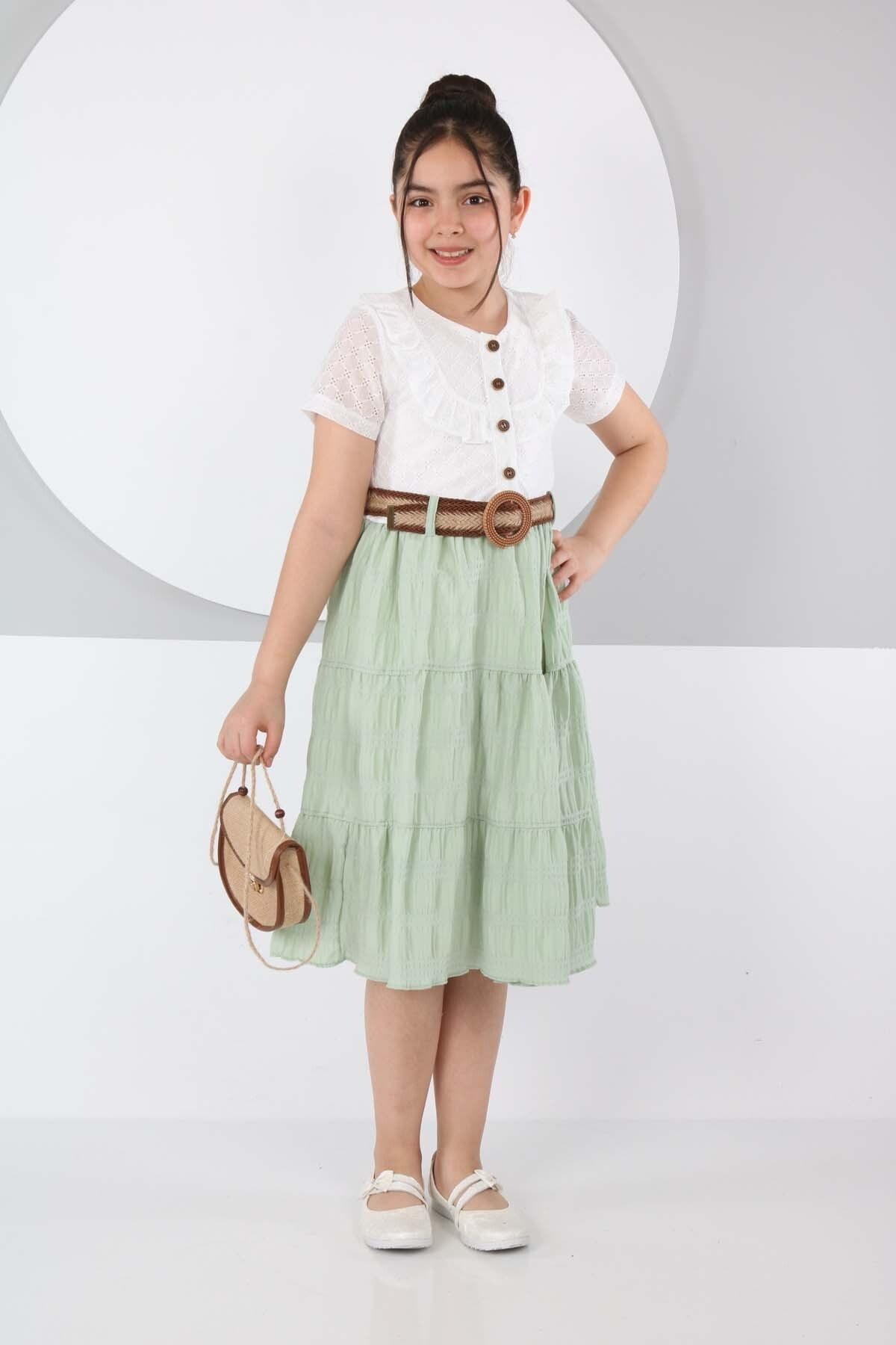 Belt Front Buttoned Double Color Dress with Bag