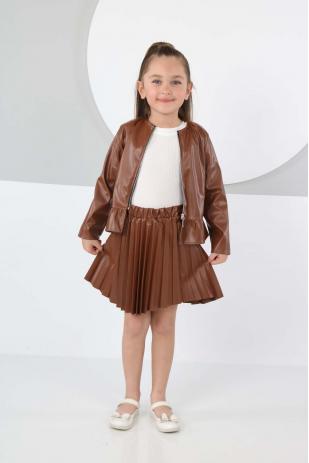 Deri Ceket Piliseli Deri Etek Fitilli Badi Üçlü Deri Takım