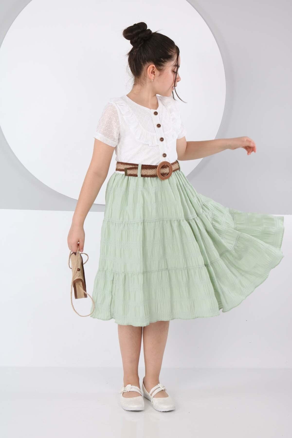 Belt Front Buttoned Double Color Dress with Bag