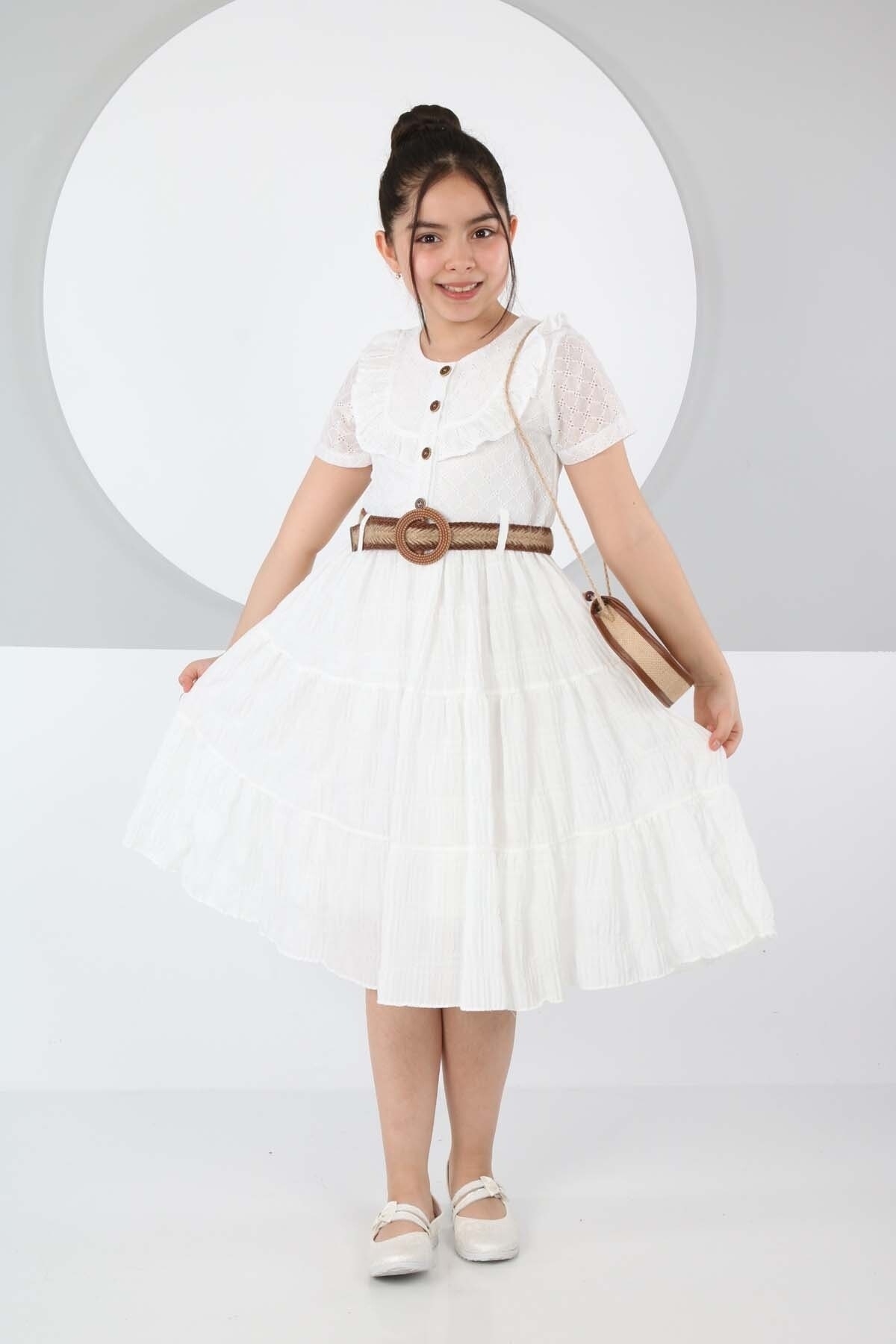 Belt Front Buttoned Double Color Dress with Bag