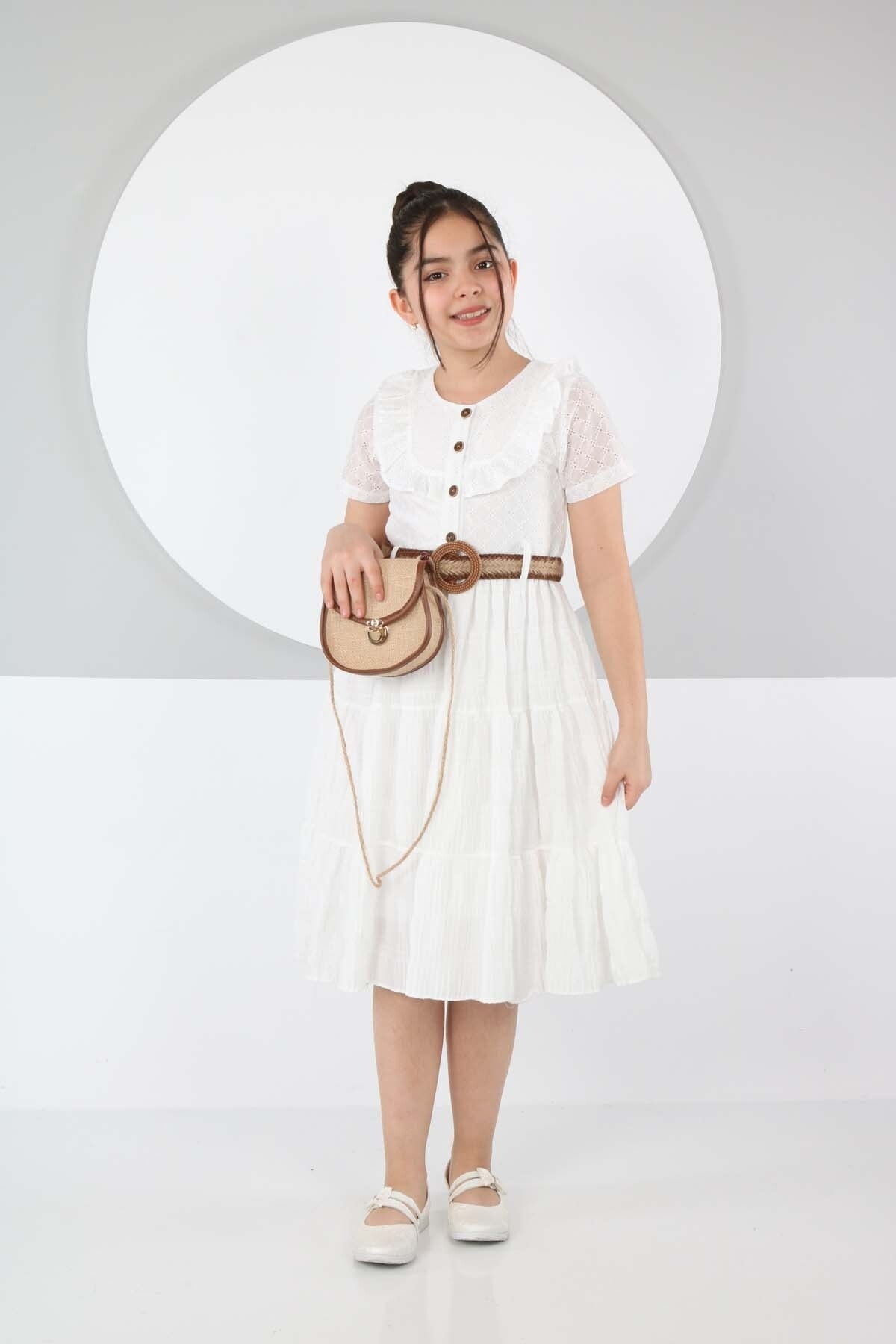 Belt Front Buttoned Double Color Dress with Bag