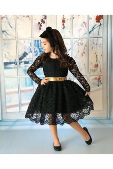 Kız Çocuk siyah Tokalı Kemerli Dantel Elbise