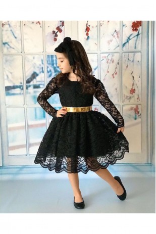 فستان دانتيل بحزام بإبزيم أسود للفتيات