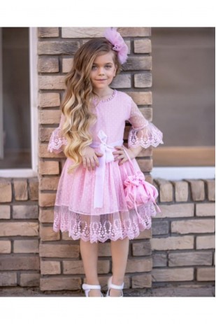 Розовое кружевное платье принцессы для девочки с сумкой и пряжкой