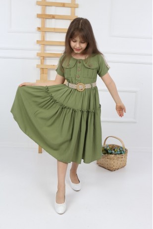 فستان عادي بأزرار وجيب أخضر للفتيات