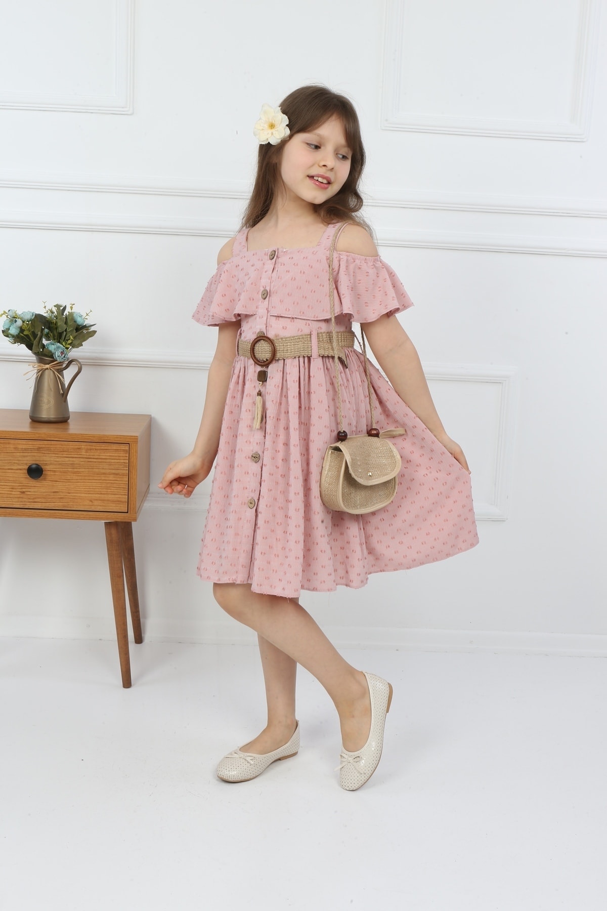 Girls Pink Bag Neck Button Dress with Bag