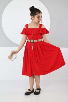 Kız Çocuk Sarı Boydan Düğmeli Çantalı Elbise