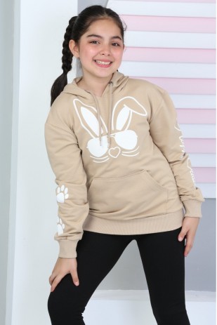 İKİ İPLİK ŞARDANSUZ TAVŞAN BASKILI KAPŞONLU CEPLİ SWEATSHİRT